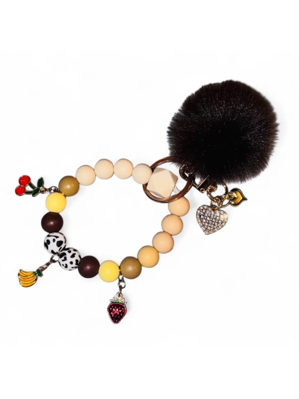 Beaded Pom Pom Charm Keyring - Yellow & Brown - Picture 4 of 4